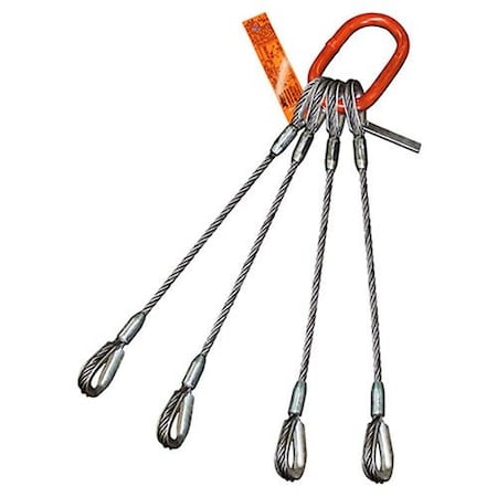 Four Leg Wire Rope Slng, 3/8 In Dia, 26ft L, HD Thimble, 5 Ton Capacity
